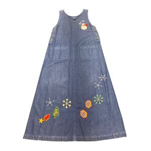 90s Vintage Jane Ashley Denim Jumper Dress Christmas Embroidered Snowman Teacher